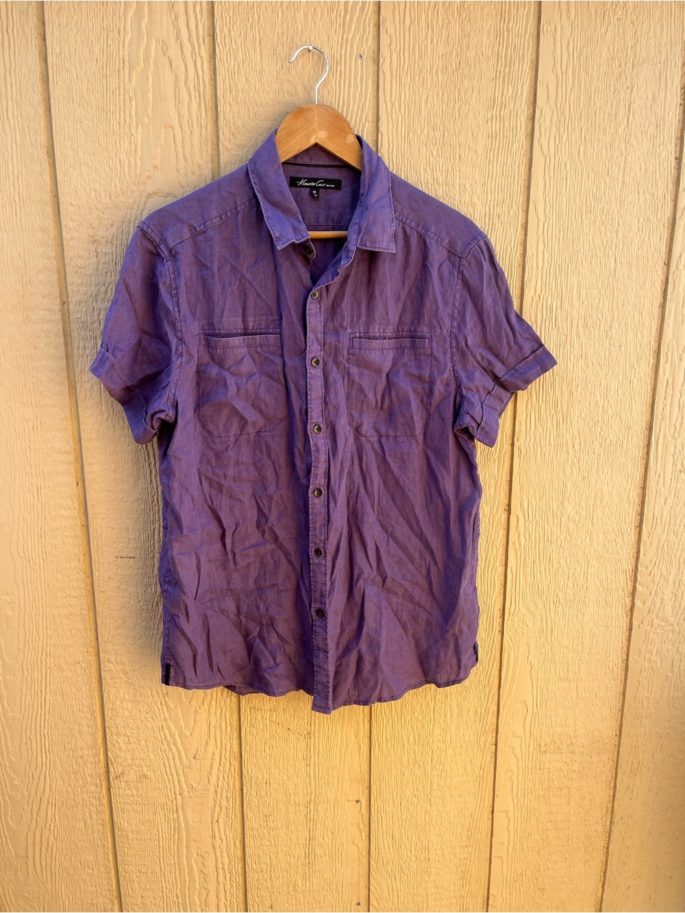 Kenneth Cole Linen Button Down Shirt Mens Size MediumPurple Short Sleeve Pocket